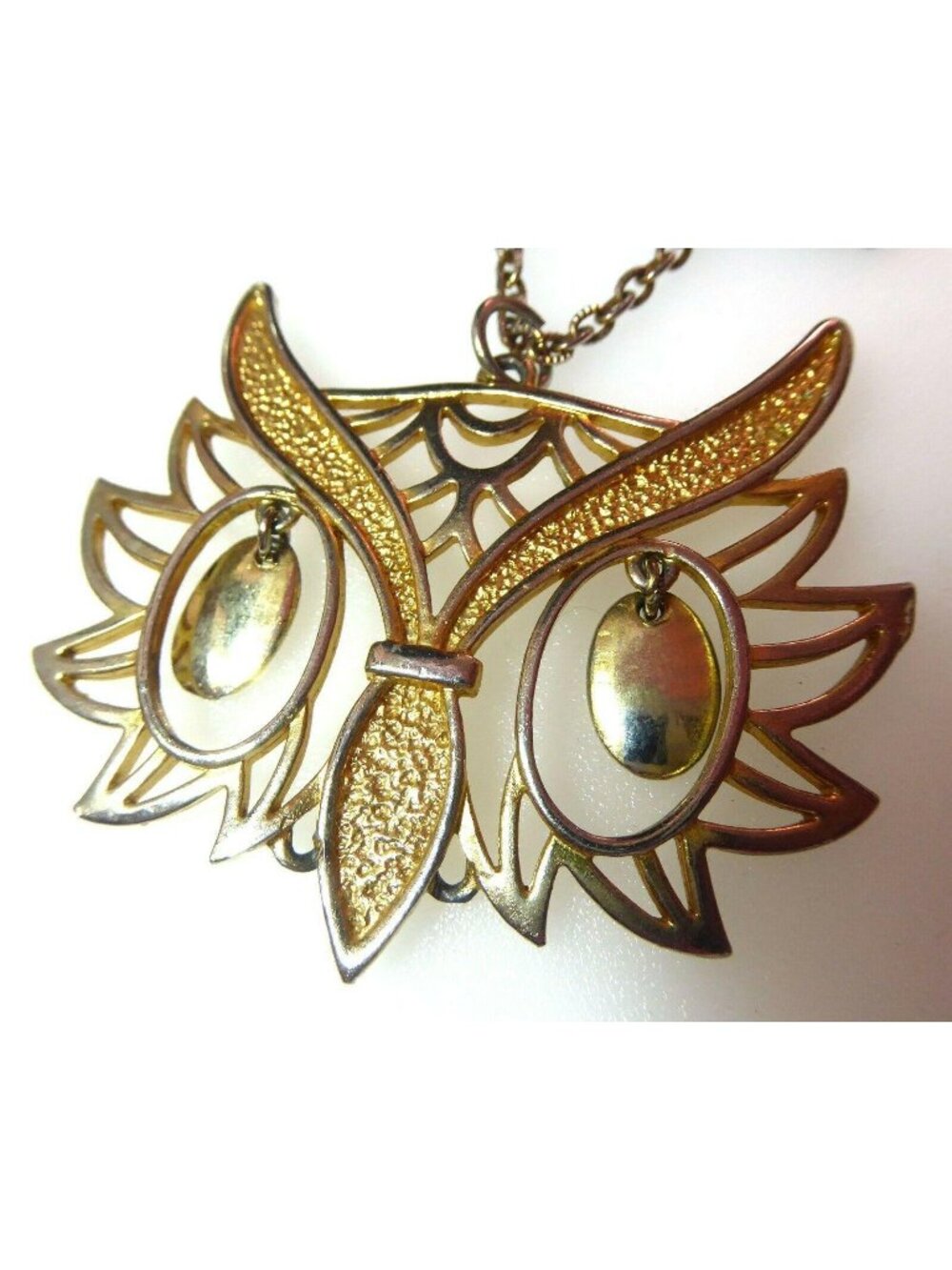 Vintage 70s Articulated Owl Pendant Necklace Gold Tone Filigree Statement Boho